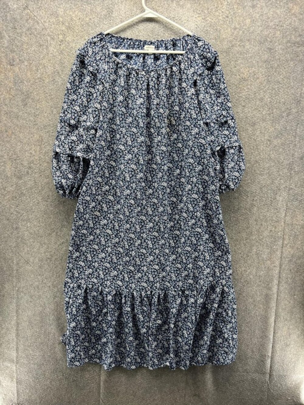 Max Studio Dress Womens Large Blue Floral Round Neck 3/4 Puff Sleeve Shift